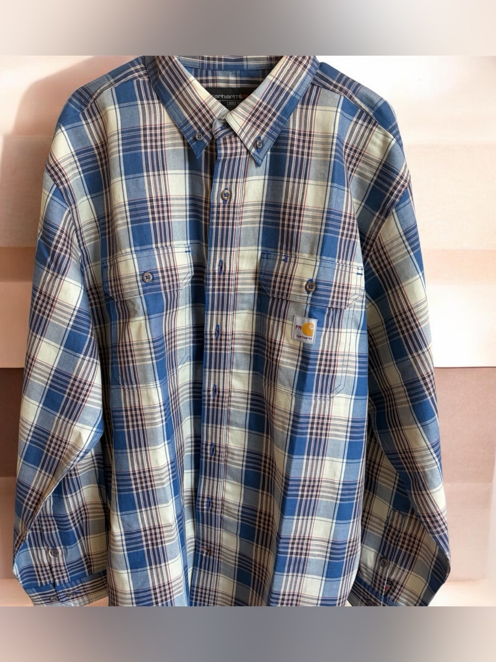 Carhartt FR Men’s Blue Plaid Button-Down Shirt workwear size XL loose fit NWOT